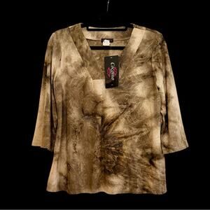 Cocomo Elegant Earth Tone Patterned Blouse with metal beading. NWT